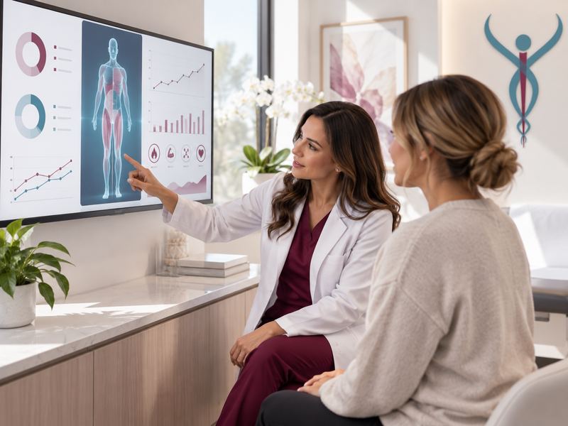 A provider and a patient looking at body composition results on a screen