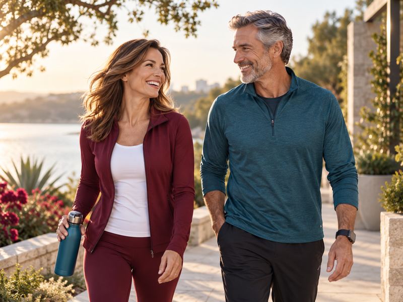 Couple walking outdoors and staying active for long-term health
