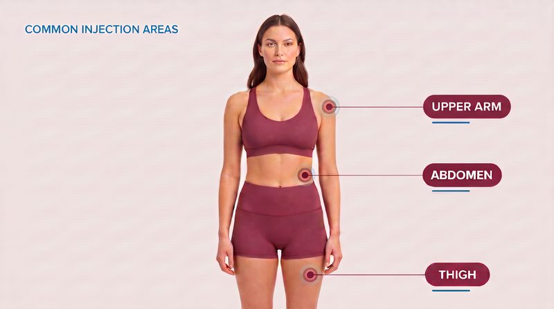 Zonas comunes para aplicar el medicamento subcutáneo para bajar de peso: la parte superior del brazo, el abdomen y el muslo