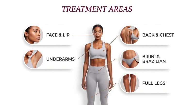 Gráfica con las áreas de tratamiento de la depilación láser señaladas: rostro y labio, axilas, espalda y pecho, zona de bikini y brasileño, y piernas completas