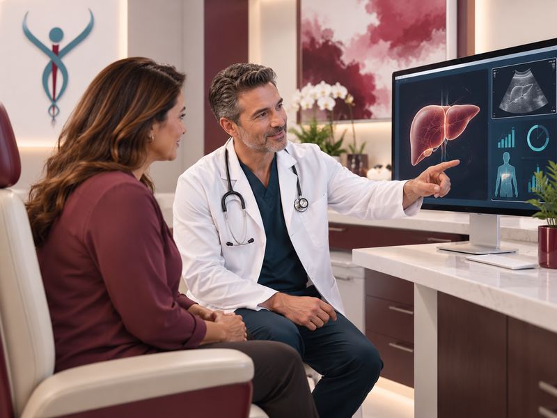 A physician showing a patient an image of the liver on a screen