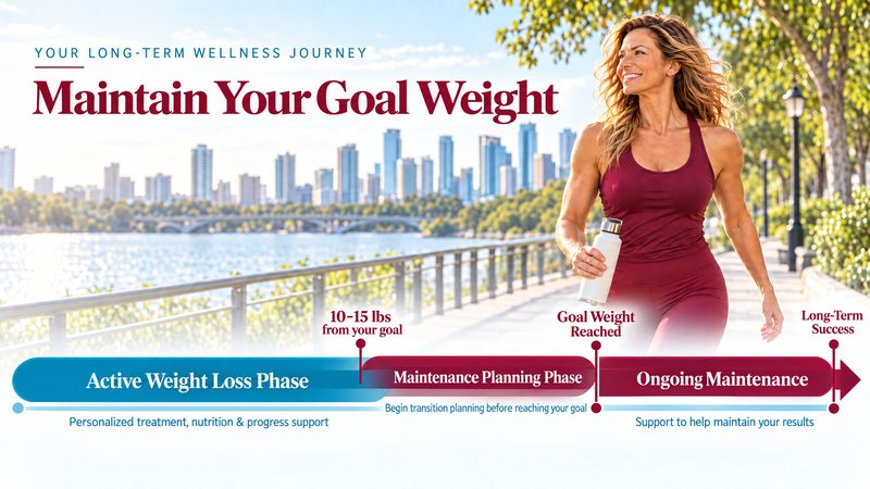 Maintain Your Goal Weight timeline: the active weight loss phase, a maintenance planning phase that begins when you are 10 to 15 lbs from your goal, then ongoing maintenance once you reach your goal weight