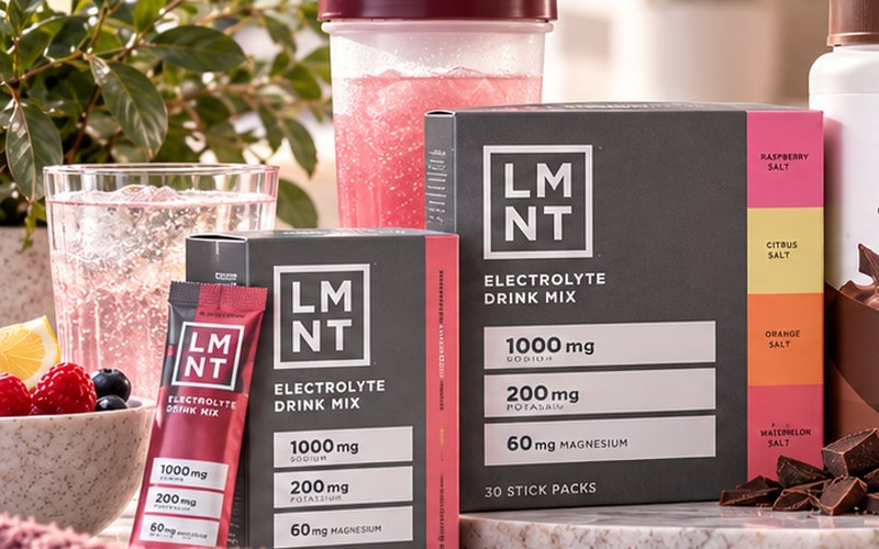 Cajas y sobres de la mezcla de electrolitos LMNT junto a un vaso de agua