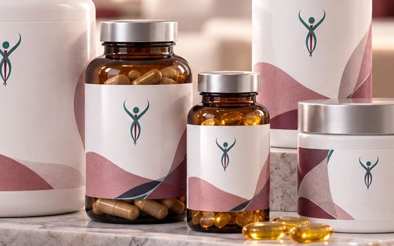 Frascos de suplementos con cápsulas y perlas sobre una mesa de mármol