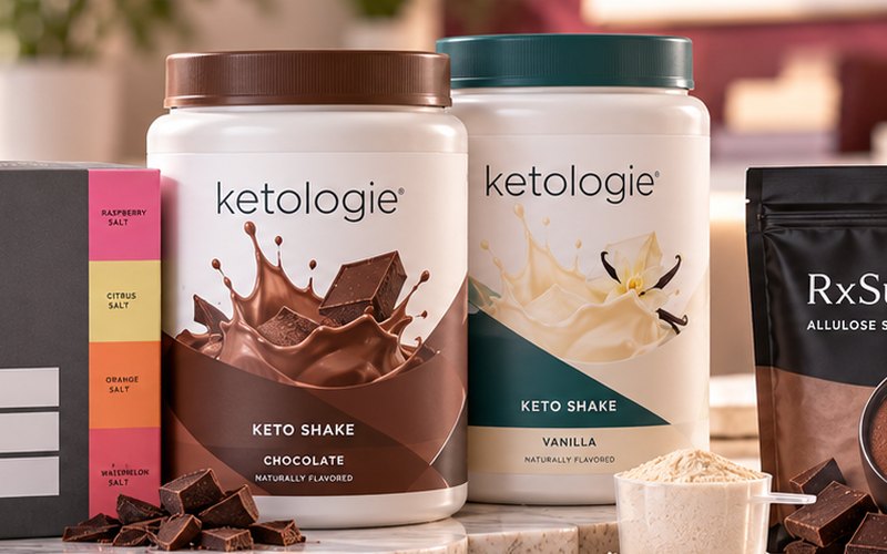 Botes de batido keto Ketologie de chocolate y vainilla con una medida de proteína en polvo
