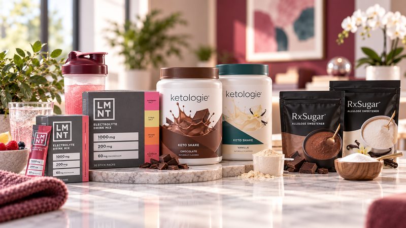 Protein shakes and electrolyte drink mixes on a counter