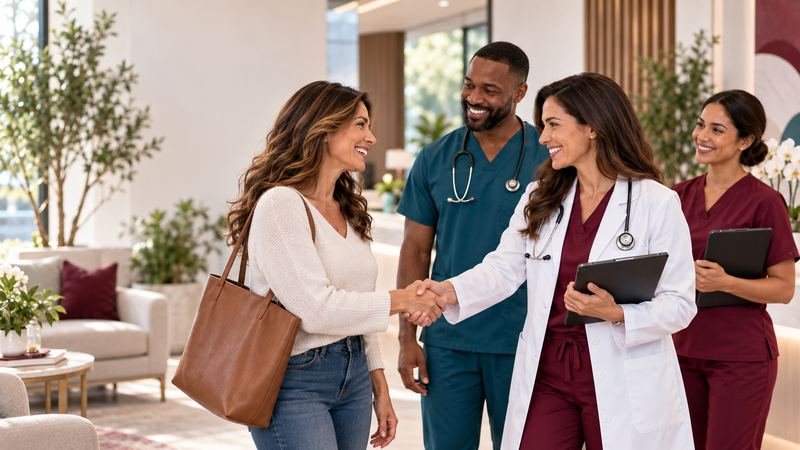 Clinic 45 team welcoming a patient for her visit