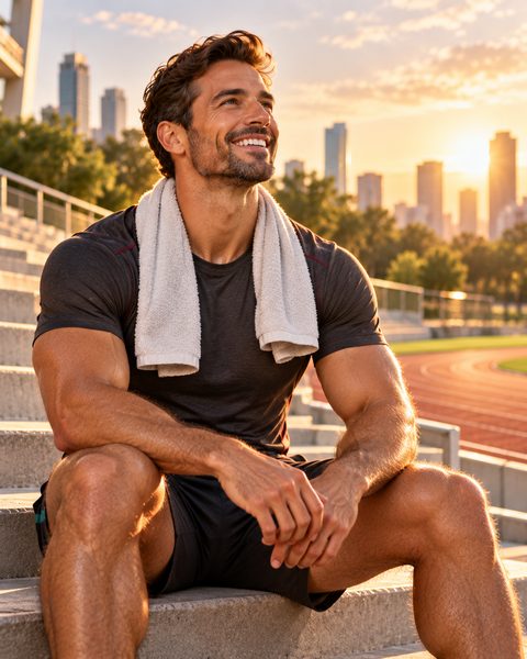 Smiling man resting on stadium steps with a towel around his neck