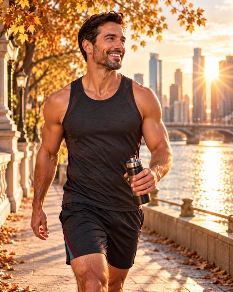 Smiling man walking along a riverside path in autumn