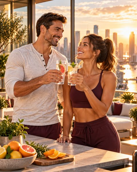 Smiling couple sharing citrus drinks in a bright kitchen