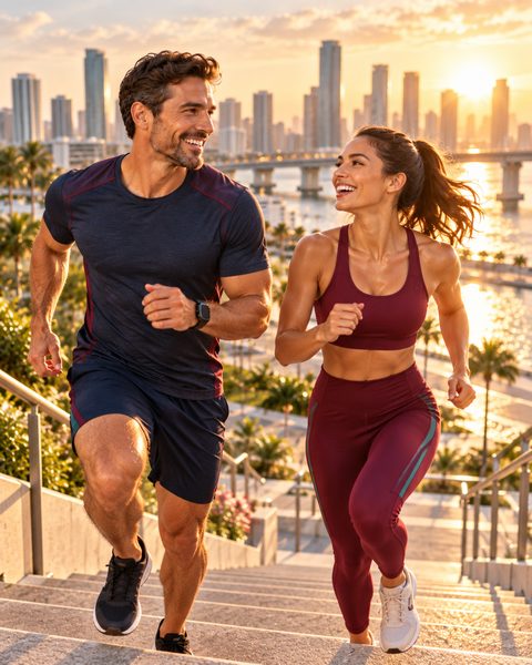 Smiling couple jogging up outdoor steps