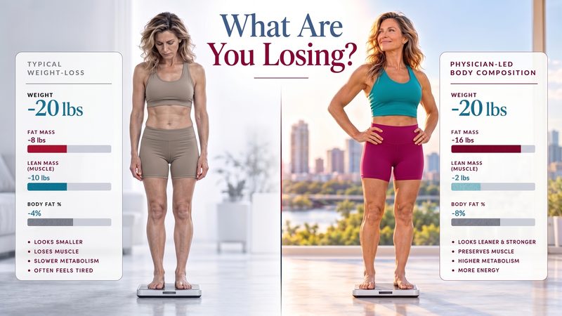 What Are You Losing? comparison: of a 20 lb loss, typical weight loss shows 8 lbs of fat and 10 lbs of muscle lost; physician-led body composition care shows 16 lbs of fat and only 2 lbs of muscle